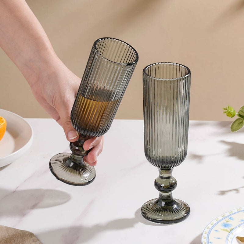 Ribbed Texture Stemmed Flute Glass Ash Grey Set Of 6 250ml