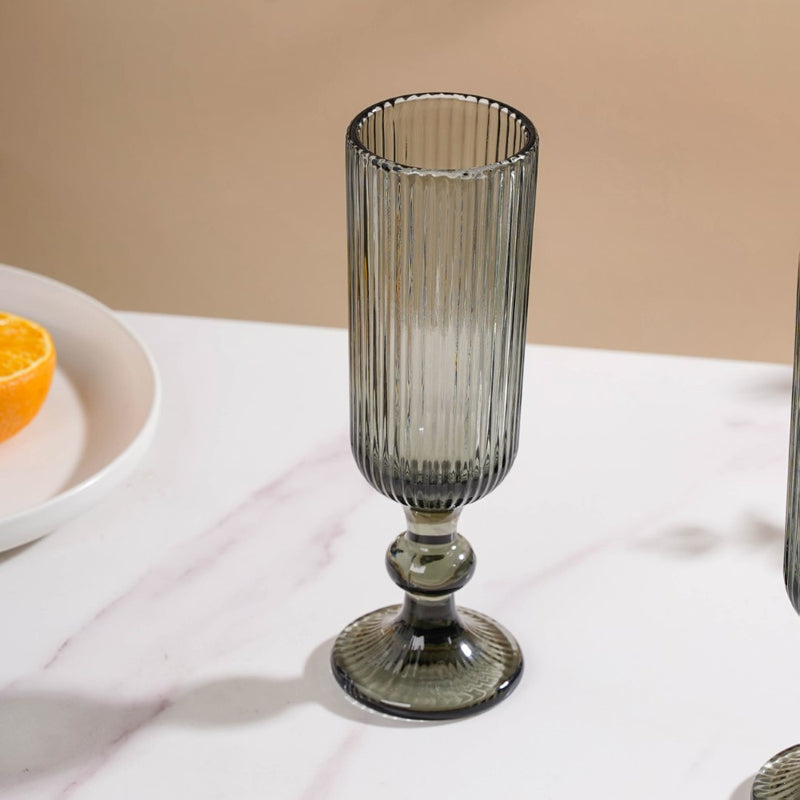 Ribbed Texture Stemmed Flute Glass Ash Grey Set Of 6 250ml