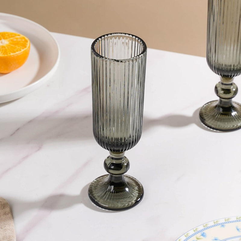 Ribbed Texture Stemmed Flute Glass Ash Grey Set Of 6 250ml