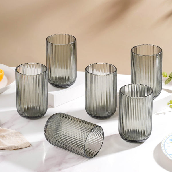 Ribbed Texture Drinking Glass Ash Grey Set Of 6 350ml