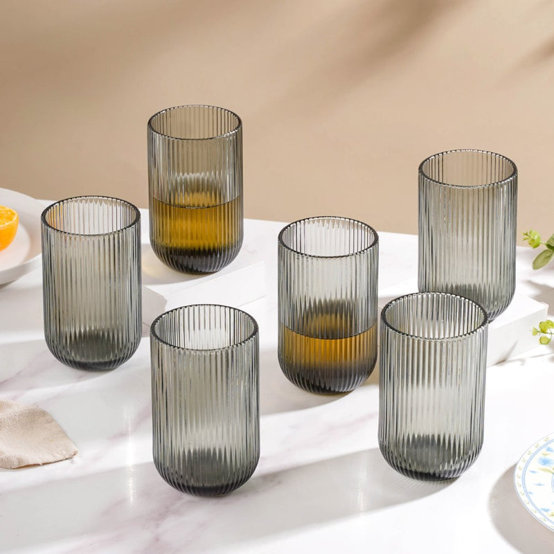 Ribbed Texture Drinking Glass Ash Grey Set Of 6 350ml