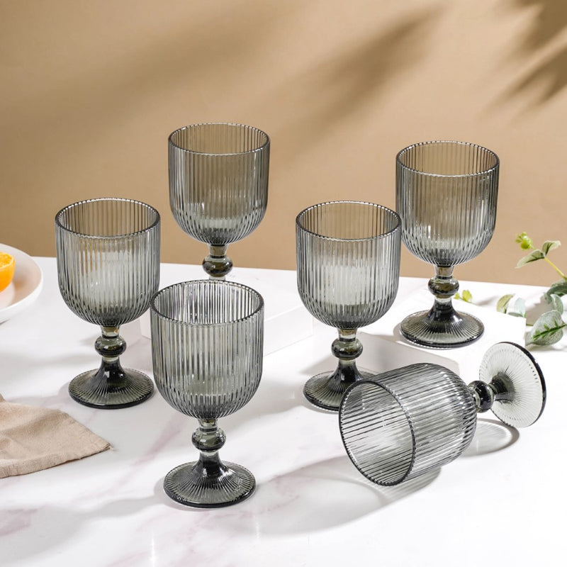Ribbed Texture Stemmed Wine Glass Ash Grey Set Of 6 350ml