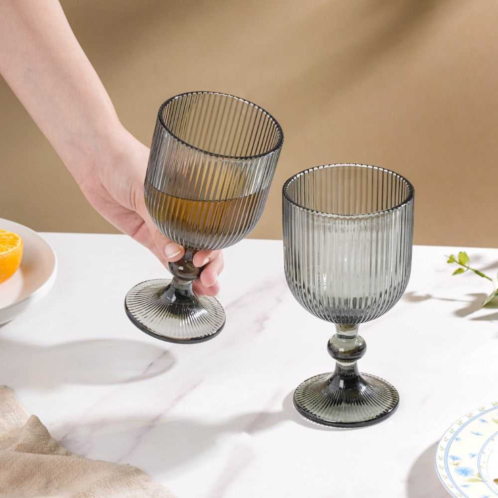 Ribbed Wine Glass Goblet Ash Grey Set Of 6 350ml