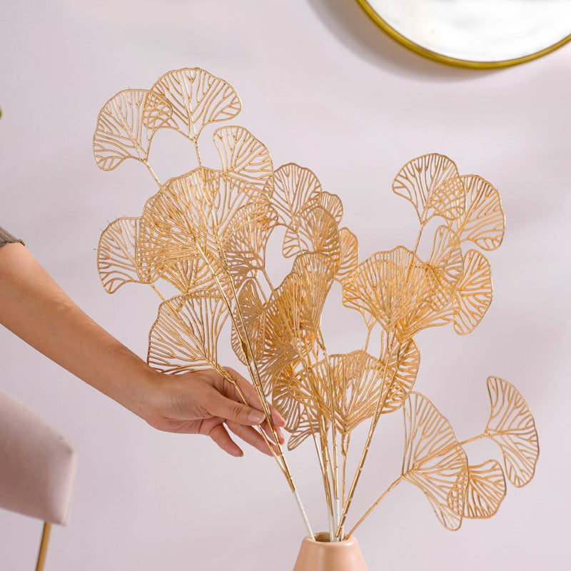 Ginkgo Stem Gold Set Of 4 - Artificial Plant | Flower for vase | Home decor item | Room decoration item