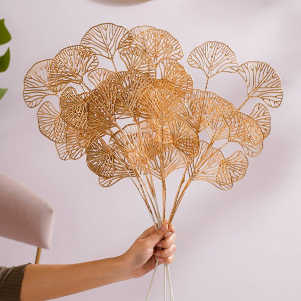 Ginkgo Stem Gold Set Of 4 - Artificial Plant | Flower for vase | Home decor item | Room decoration item
