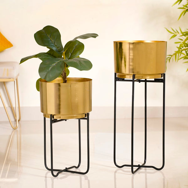 Luxe Metal Floor Planter With Stand Gold Set Of 2