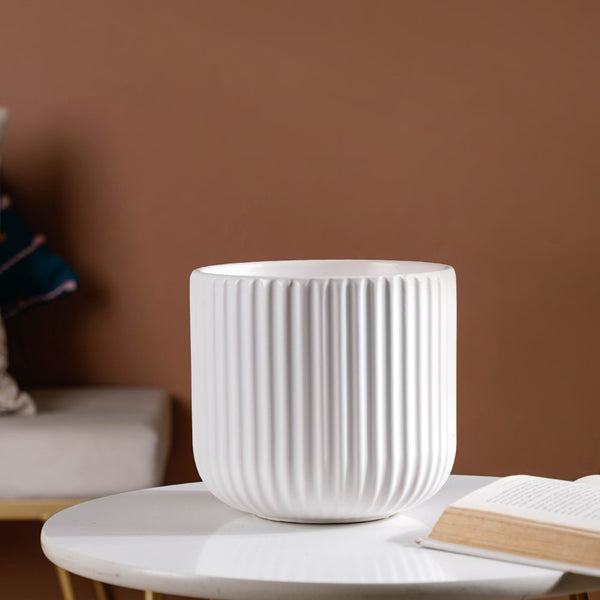 Oat White Ribbed Flower Pot Online - Premium Vase | Nestasia