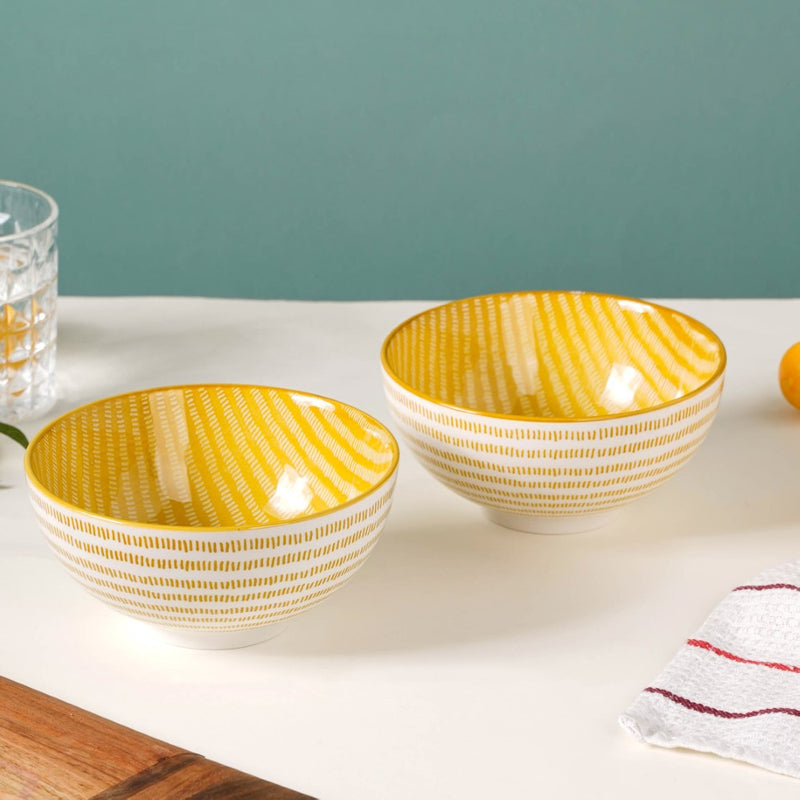 Patterned Snack Bowl Yellow Set Of 2 500ml - Bowl,ceramic bowl, snack bowls, curry bowl, popcorn bowls | Bowls for dining table & home decor