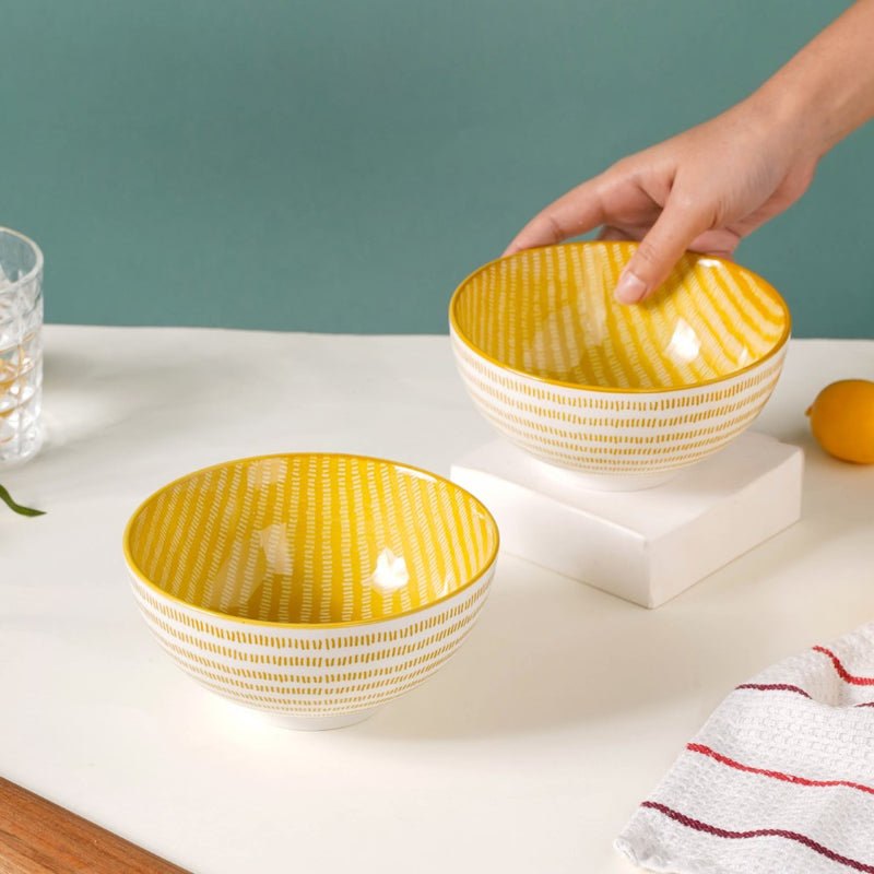 Patterned Snack Bowl Yellow Set Of 2 500ml - Bowl,ceramic bowl, snack bowls, curry bowl, popcorn bowls | Bowls for dining table & home decor