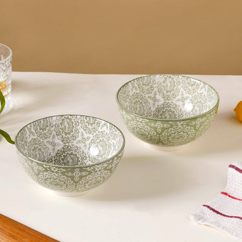 Ethnic Pattern Snack Bowl Sage Green Set Of 2 500ml - Bowl, ceramic bowl, serving bowls, noodle bowl, salad bowls, bowl for snacks, large serving bowl | Bowls for dining table & home decor