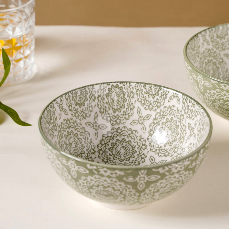 Ethnic Pattern Snack Bowl Sage Green Set Of 2 500ml - Bowl, ceramic bowl, serving bowls, noodle bowl, salad bowls, bowl for snacks, large serving bowl | Bowls for dining table & home decor