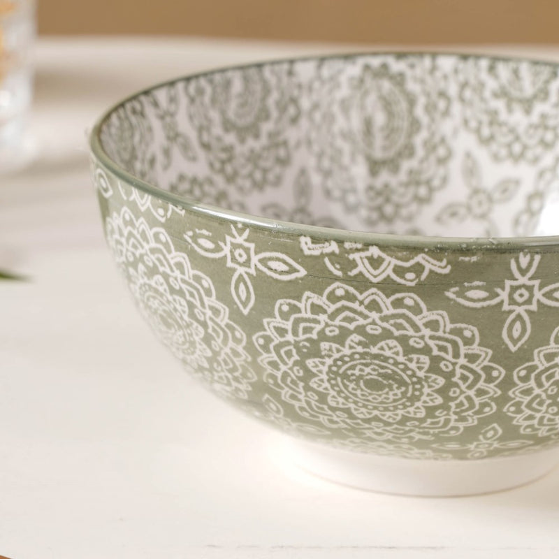 Ethnic Pattern Snack Bowl Sage Green Set Of 2 500ml - Bowl, ceramic bowl, serving bowls, noodle bowl, salad bowls, bowl for snacks, large serving bowl | Bowls for dining table & home decor