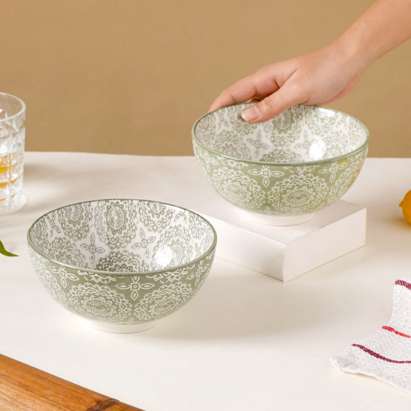 Ethnic Pattern Snack Bowl Sage Green Set Of 2 500ml - Bowl, ceramic bowl, serving bowls, noodle bowl, salad bowls, bowl for snacks, large serving bowl | Bowls for dining table & home decor