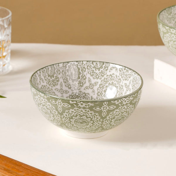 Ethnic Pattern Snack Bowl Sage Green Set Of 2 500ml - Bowl, ceramic bowl, serving bowls, noodle bowl, salad bowls, bowl for snacks, large serving bowl | Bowls for dining table & home decor