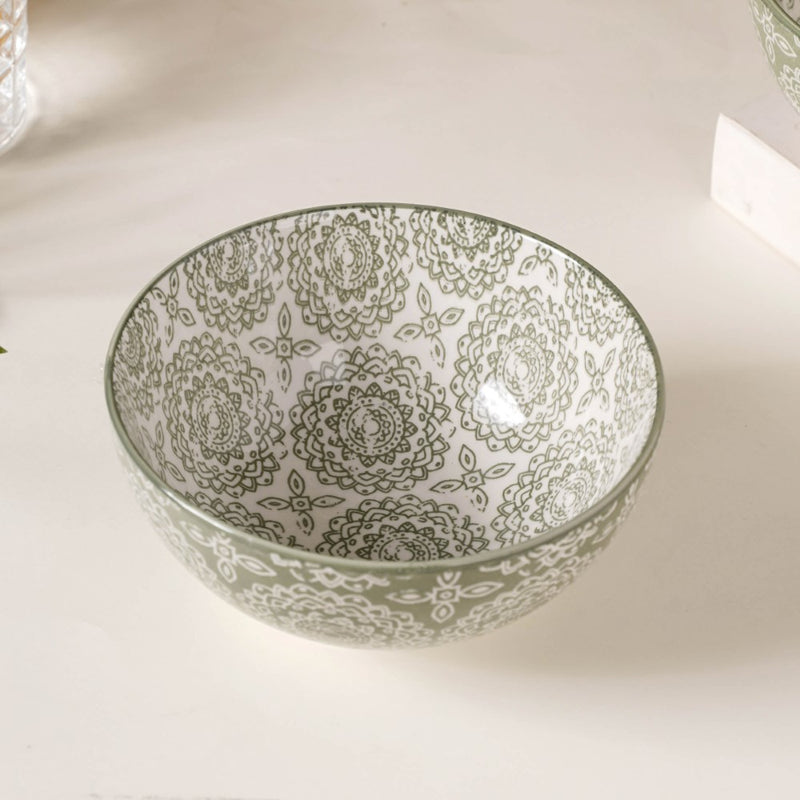 Ethnic Pattern Snack Bowl Sage Green Set Of 2 500ml - Bowl, ceramic bowl, serving bowls, noodle bowl, salad bowls, bowl for snacks, large serving bowl | Bowls for dining table & home decor
