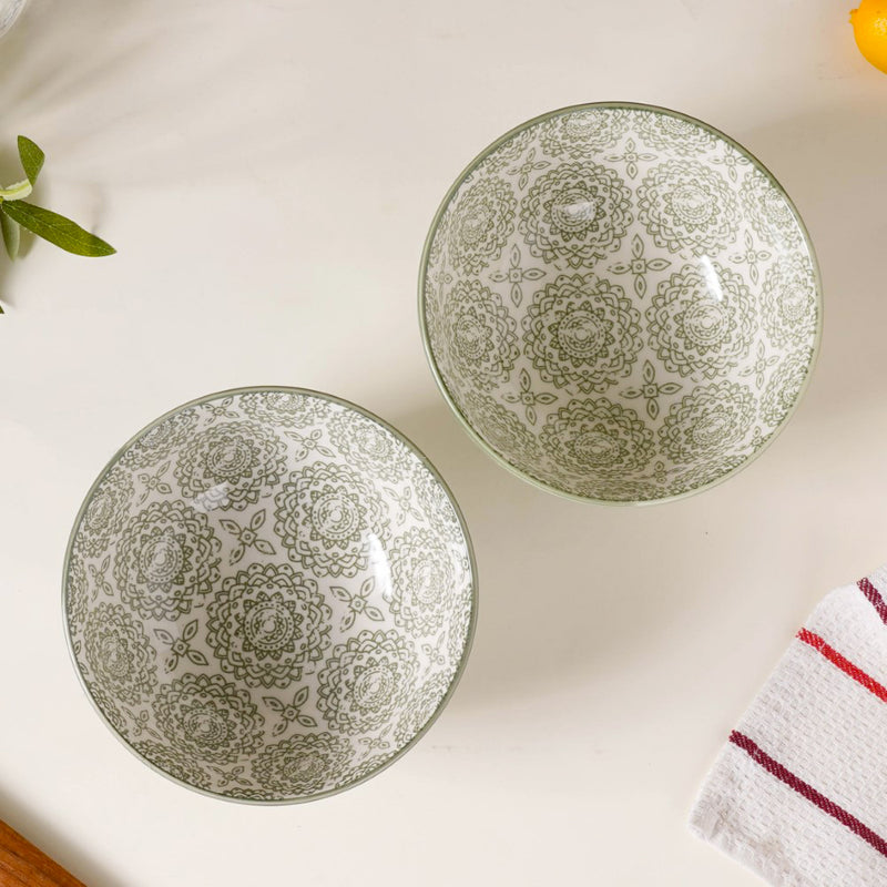 Ethnic Pattern Snack Bowl Sage Green Set Of 2 500ml - Bowl, ceramic bowl, serving bowls, noodle bowl, salad bowls, bowl for snacks, large serving bowl | Bowls for dining table & home decor