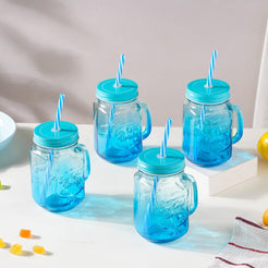 Tutti Frutti Set of 4 Glass Mug Blue with Lid and Straw 400ml- Mug for coffee, tea mug, cappuccino mug | Cups and Mugs for Coffee Table & Home Decor