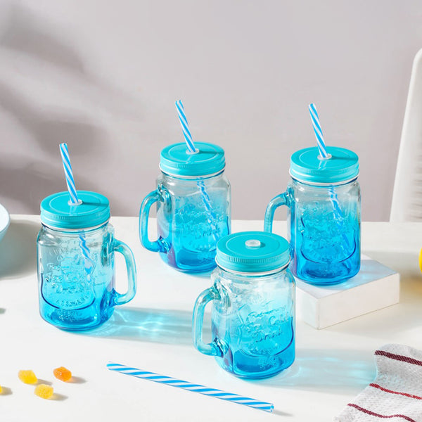 Tutti Frutti Set of 4 Glass Mug Blue with Lid and Straw 400ml- Mug for coffee, tea mug, cappuccino mug | Cups and Mugs for Coffee Table & Home Decor