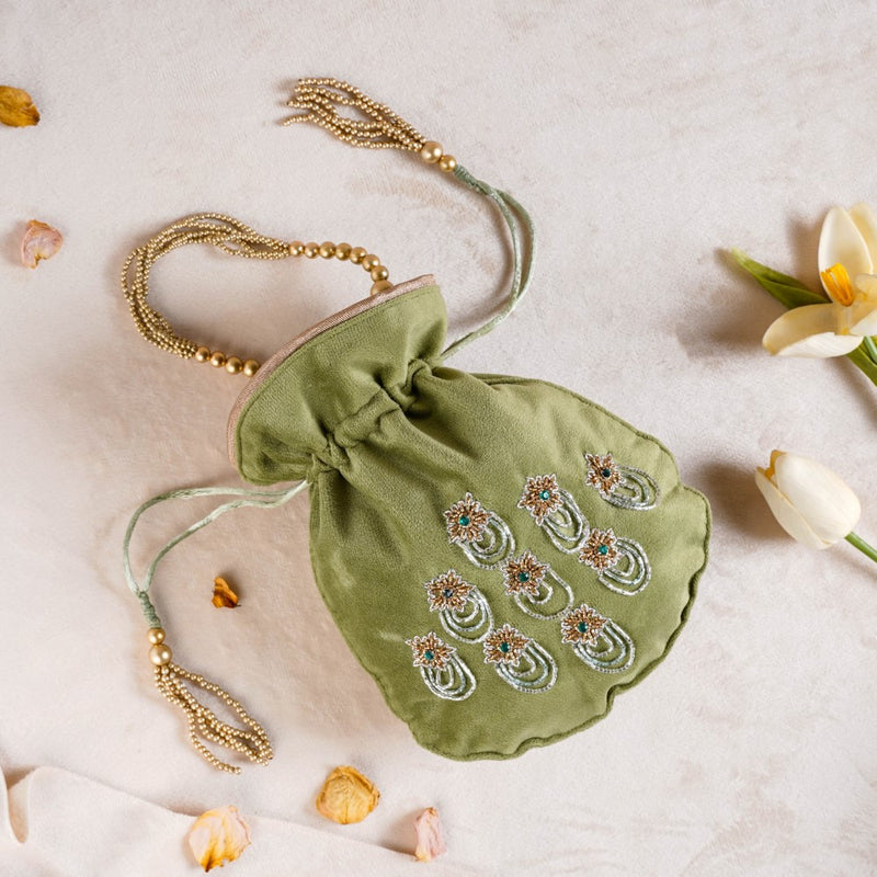 Shikara Orchids Velvet Potli Bag Smoky Green