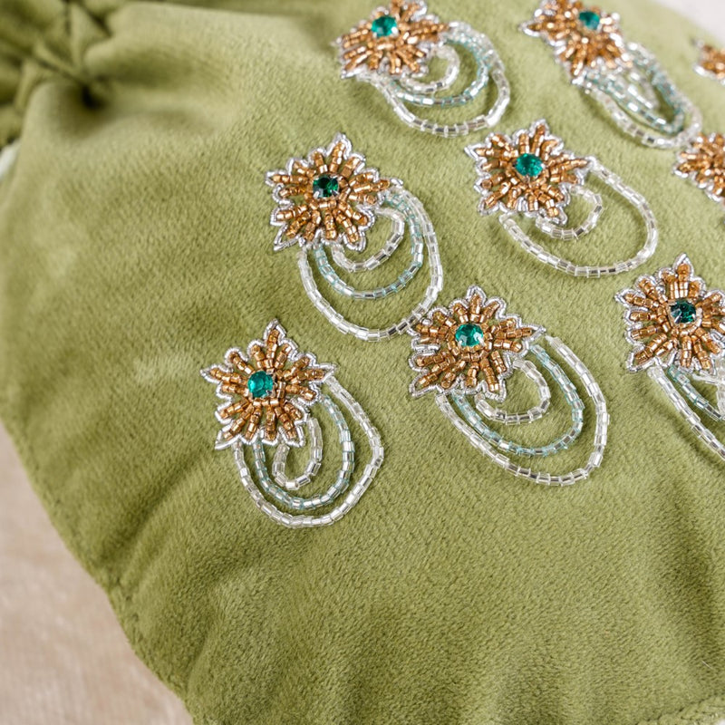 Shikara Orchids Velvet Potli Bag Smoky Green