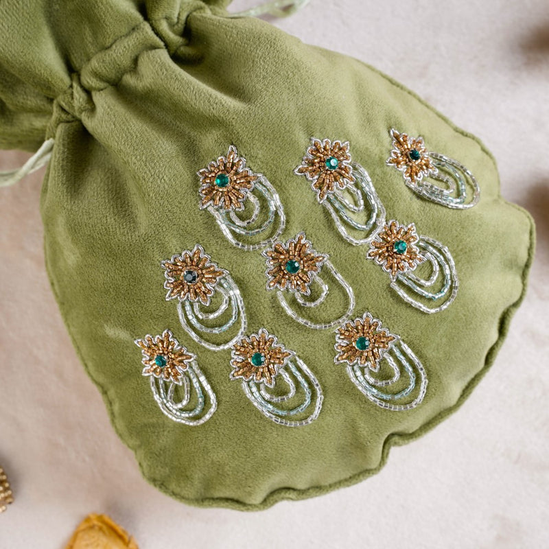 Shikara Orchids Velvet Potli Bag Smoky Green