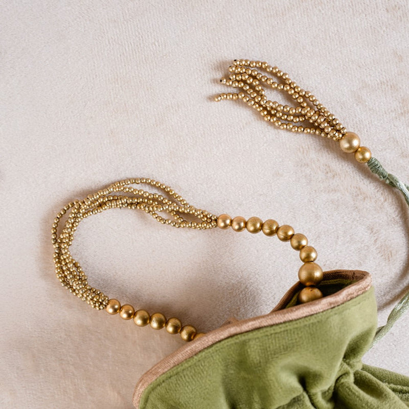 Shikara Orchids Velvet Potli Bag Smoky Green