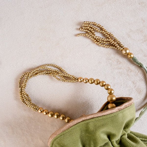 Shikara Orchids Velvet Potli Bag Smoky Green