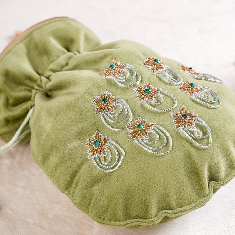 Shikara Orchids Velvet Potli Bag Smoky Green