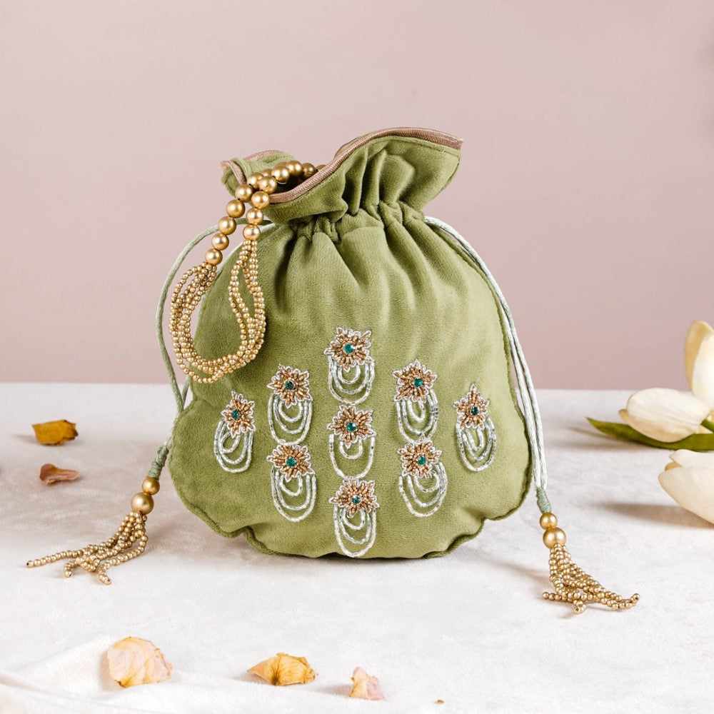 Velvet Zari Jaal Embroidered Potli Bag: Floral Design | Angad Creations