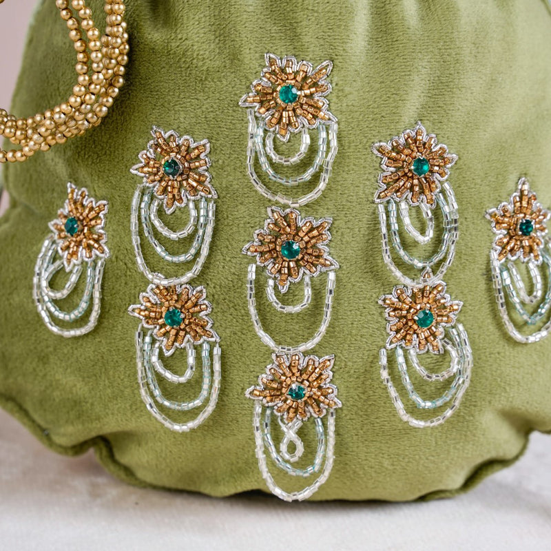 Shikara Orchids Velvet Potli Bag Smoky Green