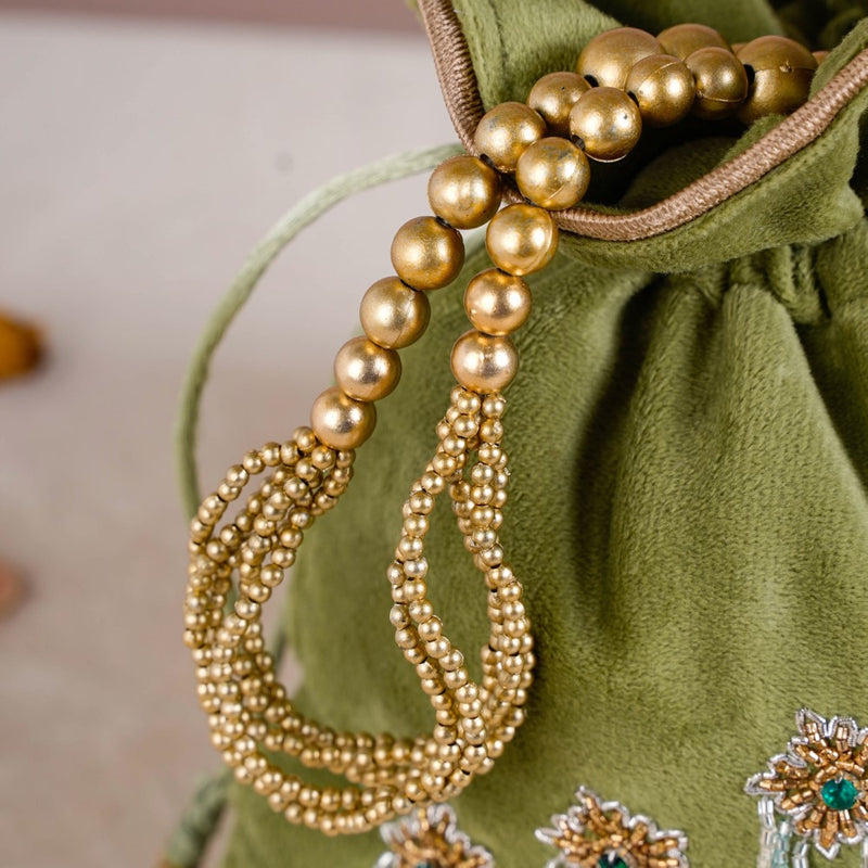 Shikara Orchids Velvet Potli Bag Smoky Green