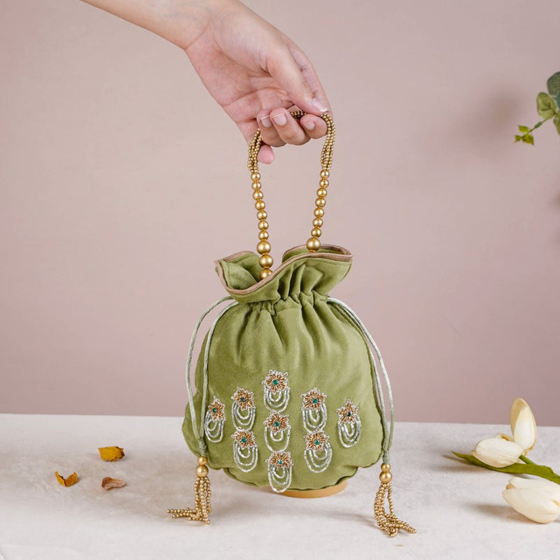 Shikara Orchids Velvet Potli Bag Smoky Green
