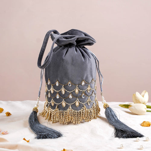 Dark Grey Satin Pearl and Antique Gold Beaded Design Potli Handbag