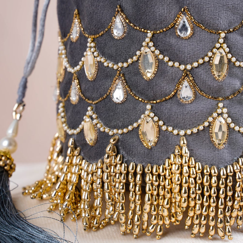 Jhoomar Velvet Potli Bag Dark Grey