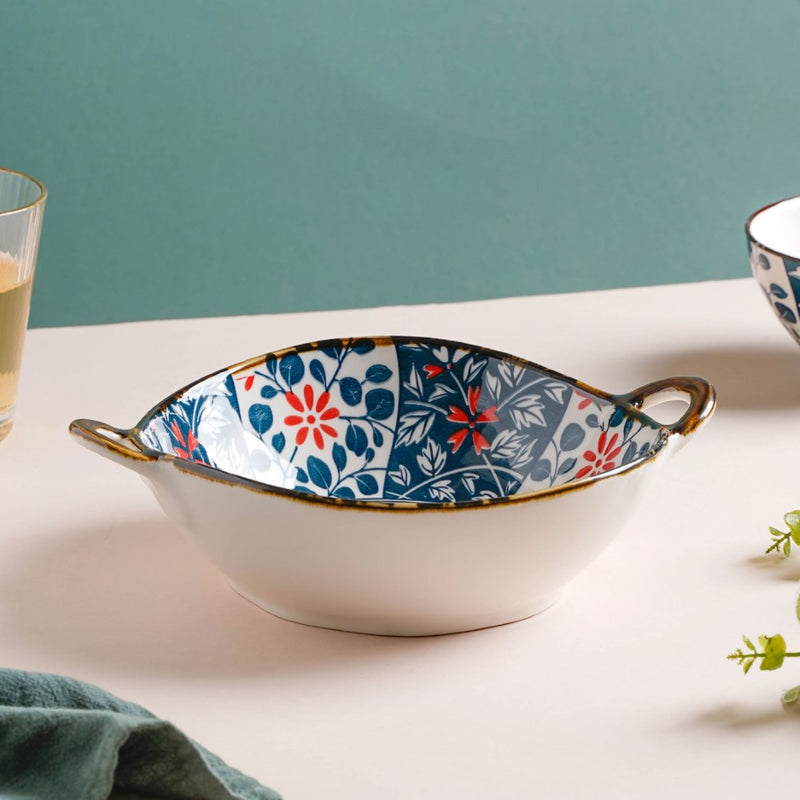 Yugana Floral Patterned Serving Bowl With Handles 9 Inch 500 ml - Bowl, ceramic bowl, serving bowls, noodle bowl, salad bowls, bowl for snacks, baking bowls, large serving bowl, bowl with handle | Bowls for dining table & home decor