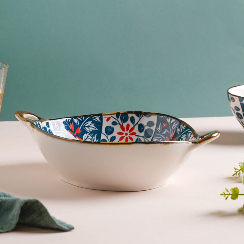 Yugana Floral Patterned Serving Bowl With Handles 9 Inch 500 ml - Bowl, ceramic bowl, serving bowls, noodle bowl, salad bowls, bowl for snacks, baking bowls, large serving bowl, bowl with handle | Bowls for dining table & home decor