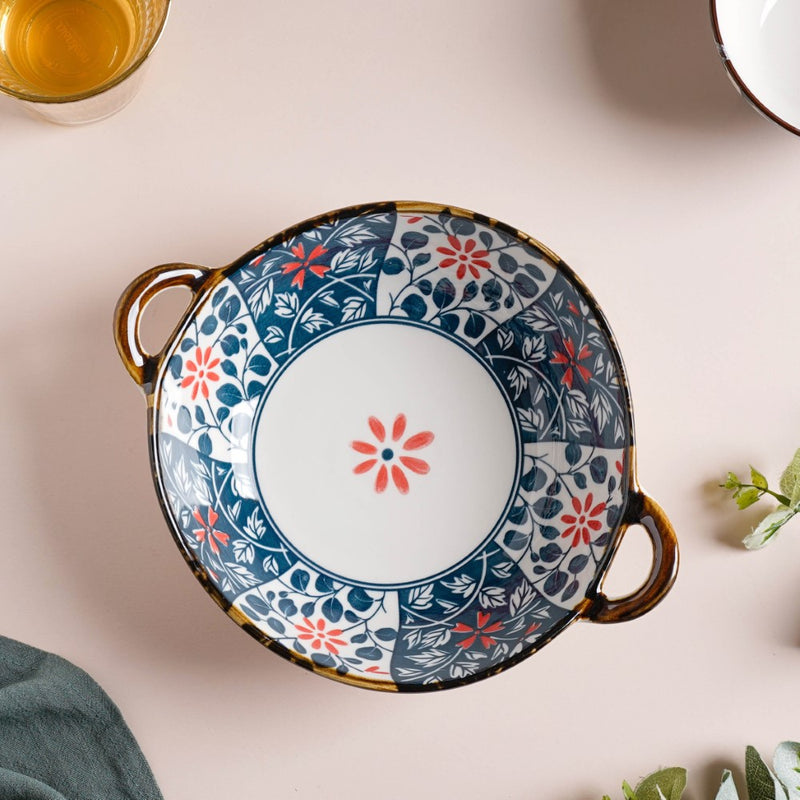 Yugana Floral Patterned Serving Bowl With Handles 9 Inch 500 ml - Bowl, ceramic bowl, serving bowls, noodle bowl, salad bowls, bowl for snacks, baking bowls, large serving bowl, bowl with handle | Bowls for dining table & home decor