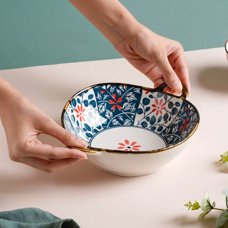 Yugana Floral Patterned Serving Bowl With Handles 9 Inch 500 ml - Bowl, ceramic bowl, serving bowls, noodle bowl, salad bowls, bowl for snacks, baking bowls, large serving bowl, bowl with handle | Bowls for dining table & home decor