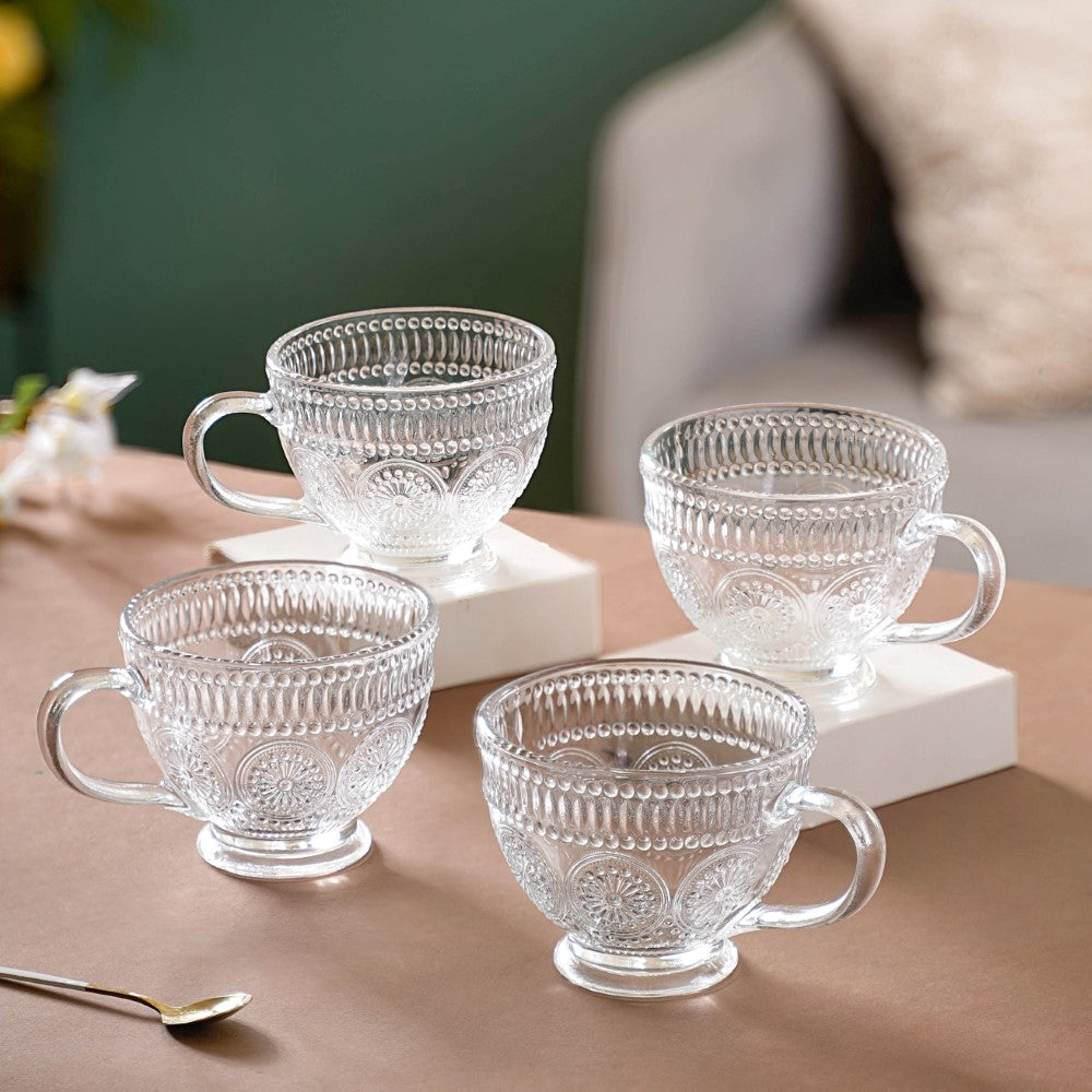 Glass Tea Cup Set of 4 - Floral Embossed Large Glass Cup
