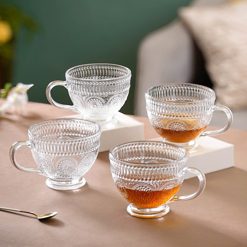 Glass Tea Cup Set of 4 - Floral Embossed Large Glass Cup