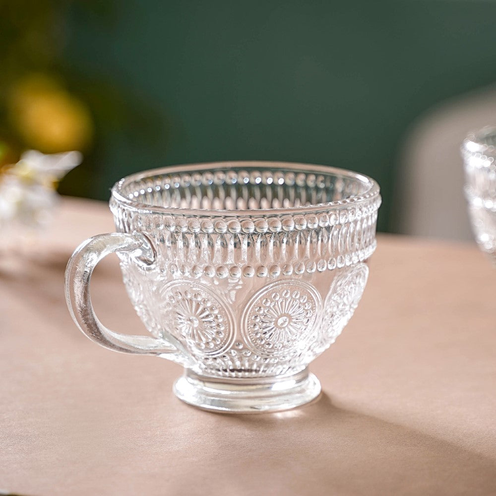 Glass Tea Cup Set of 4 - Floral Embossed Large Glass Cup | Nestasia