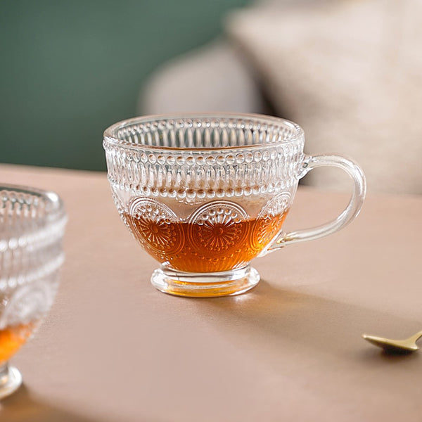 Glass Tea Cup Set of 4 - Floral Embossed Large Glass Cup | Nestasia