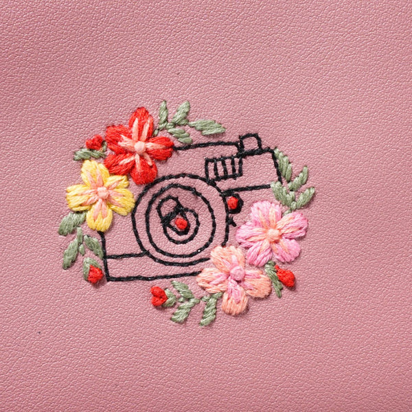 Floral Camera Embroidered Pouch Bag Pink