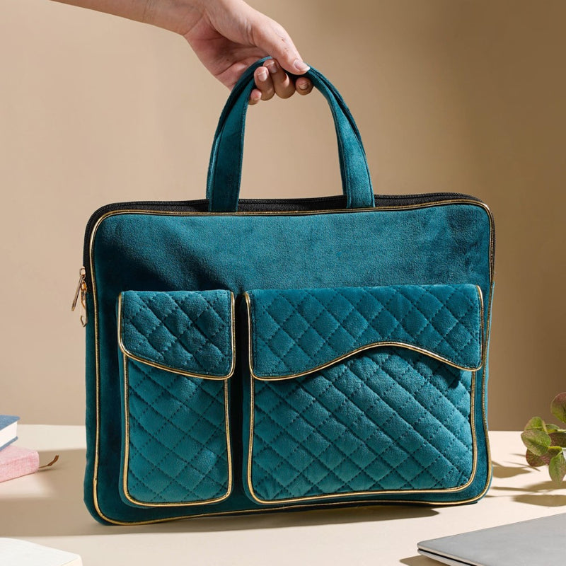 Luxe Velvet Sleek Laptop Bag Dark Green 14 x 10.5 Inch