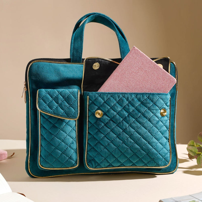 Luxe Velvet Sleek Laptop Bag Dark Green 14 x 10.5 Inch