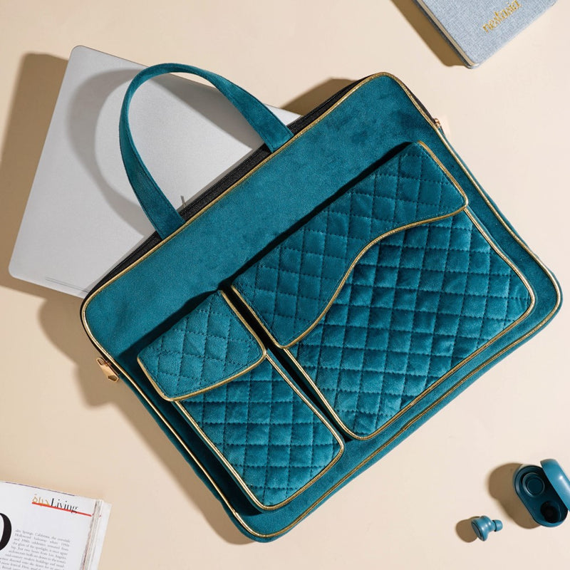Luxe Velvet Sleek Laptop Bag Dark Green 14 x 10.5 Inch