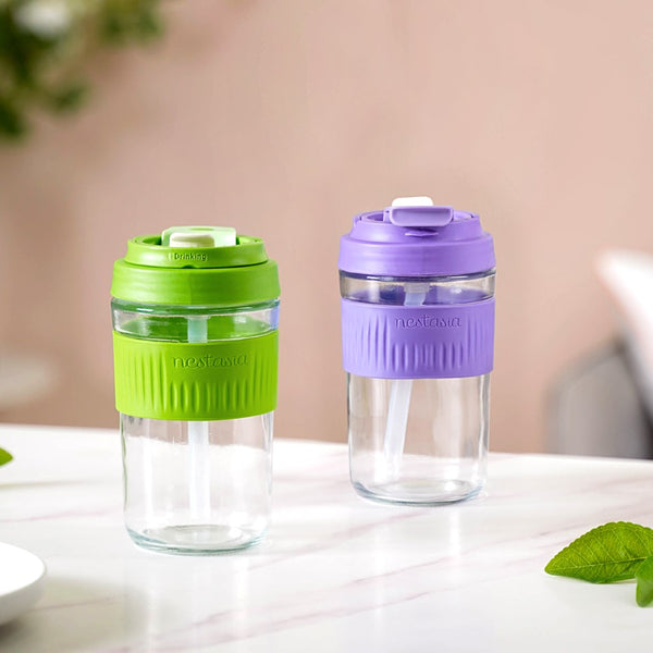 Set Of 2 Easy Grip Glass Bottle 480ml- Sippers, sipping cup, travel mug | Sippers for Travelling & Home decor