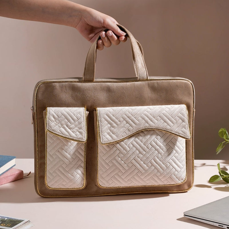 Luxe Velvet Sleek Laptop Bag Beige 14 x 10.5 Inch