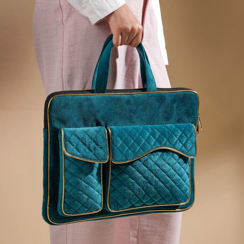 Luxe Velvet Sleek Laptop Bag Dark Green 14 x 10.5 Inch