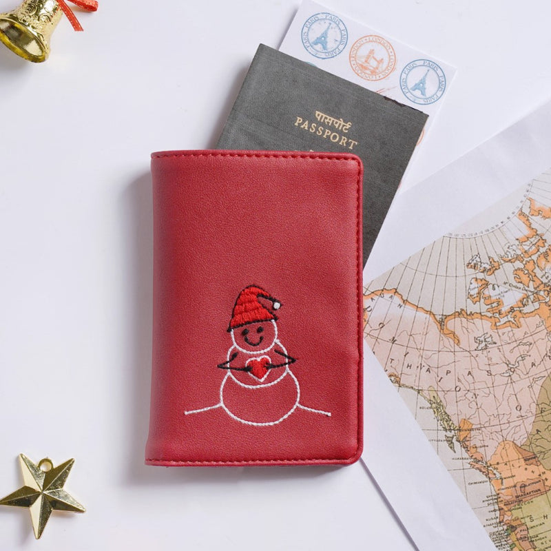 Christmas Snowman Embroidered Passport Cover Red